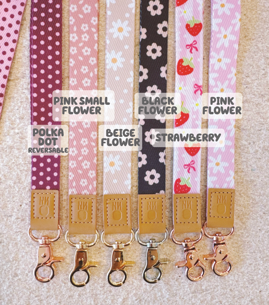 Lanyard prints – polka dot reversible, pink small flower, beige flower, black flower, strawberry, pink flower