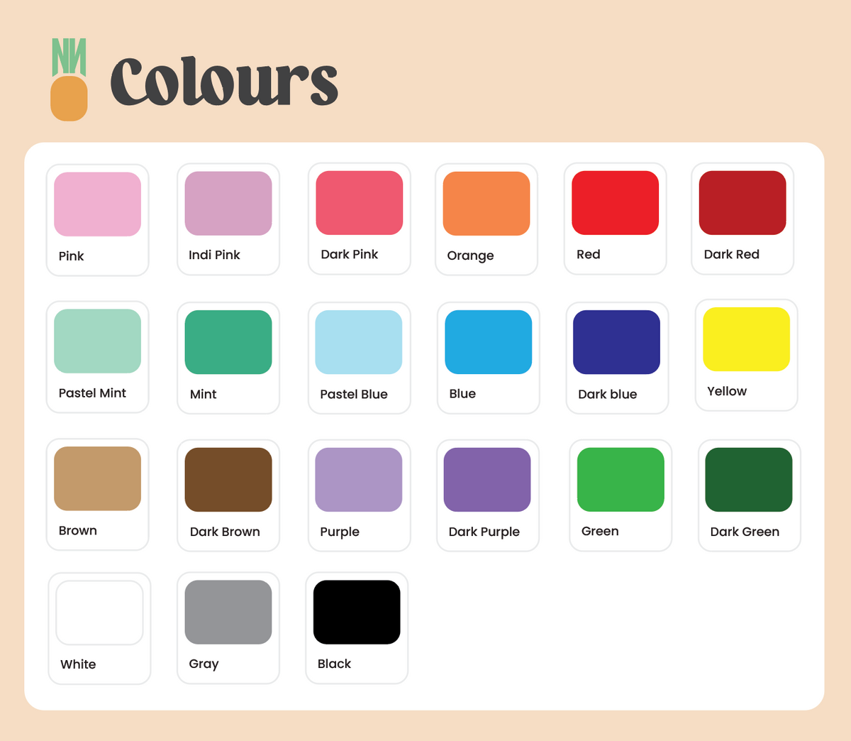 Annanas Design colour chart – 21 colours