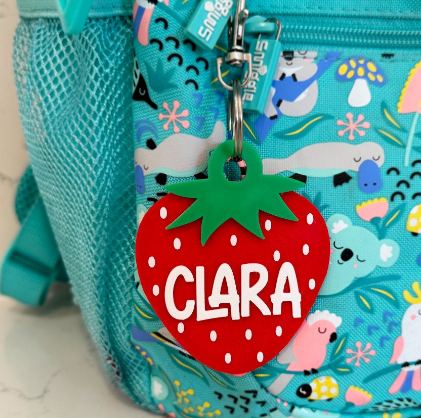 Personalised Strawberry Bag Tag – Kids Name Keyring – photo 2