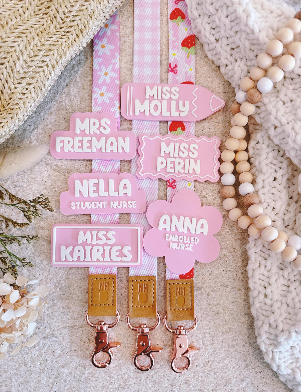 Personalised Fabric Lanyard with Name Badge – Pink & Strawberry Prints