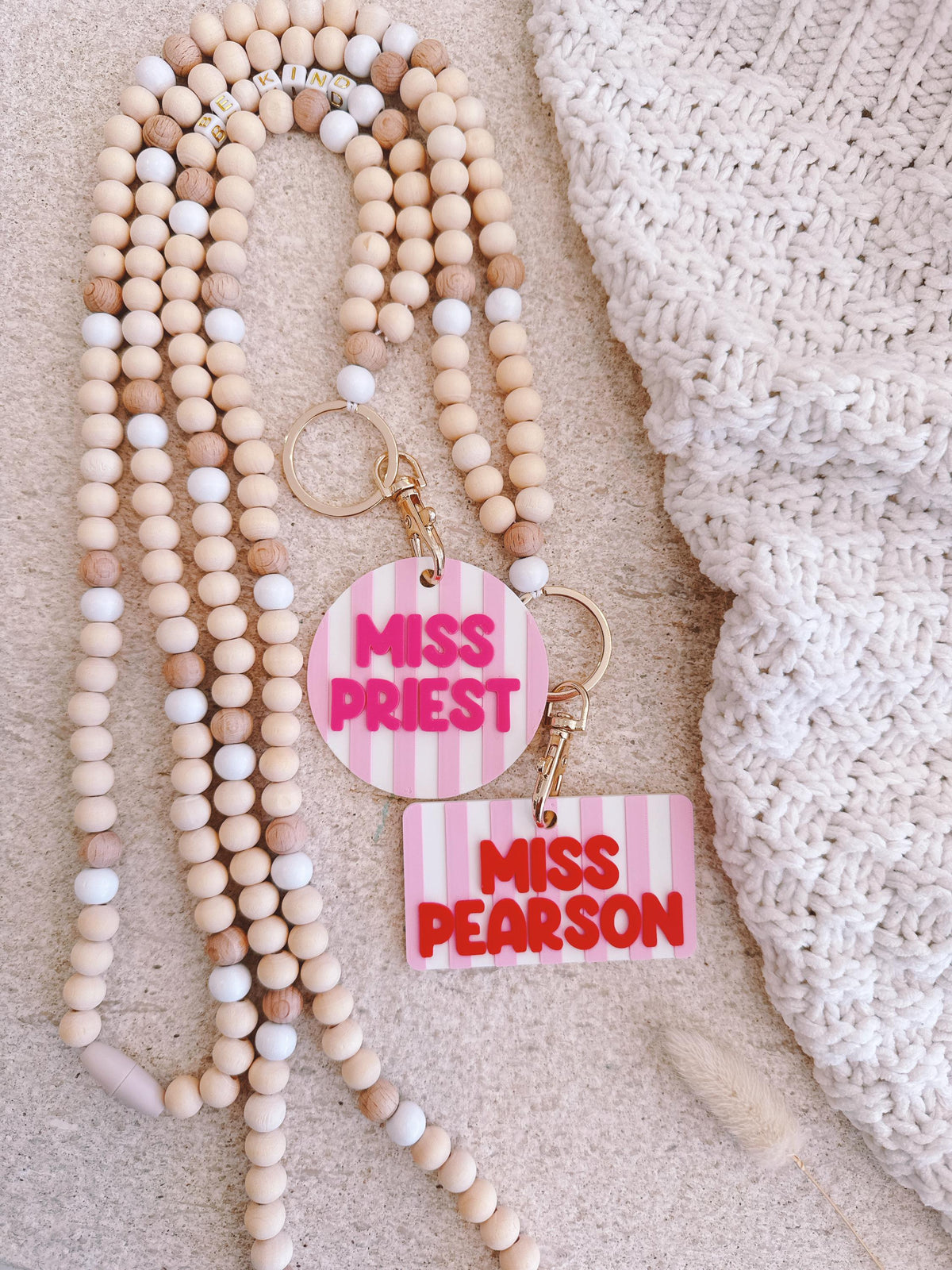 Wooden Bead Teacher Lanyard with Personalised Name Tag – Be Kind